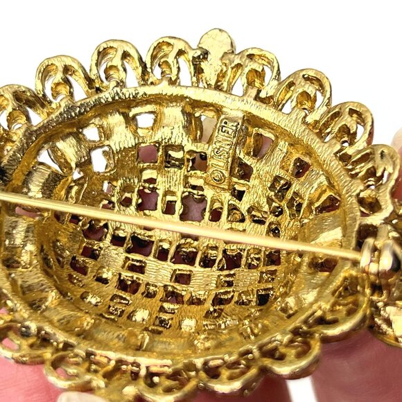 Vintage lisner brooch pin - Gem Vintage Lisner rhinestones domed filigree brooch pin